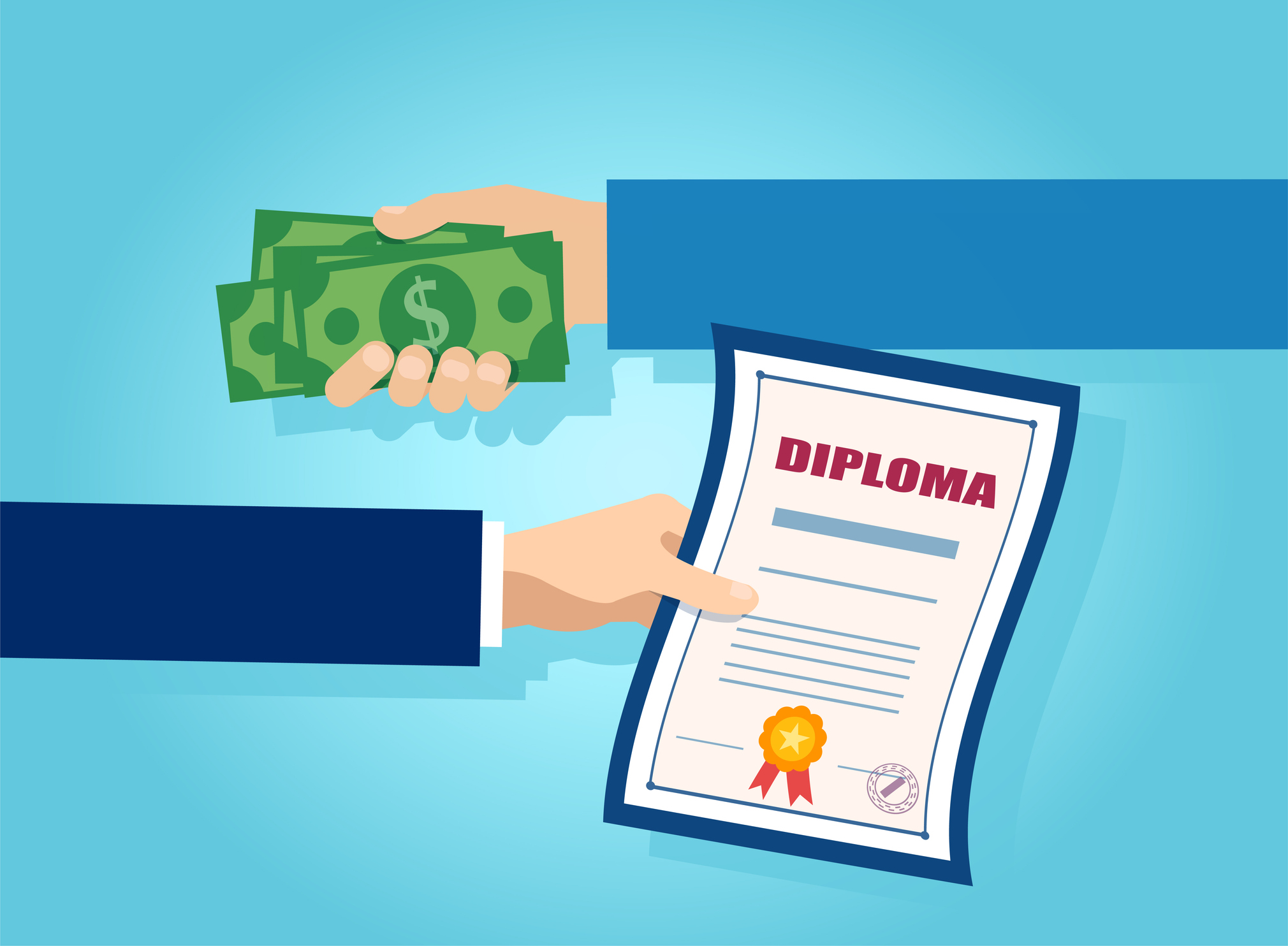 Vector of one hand offering money in exchange for a college diploma