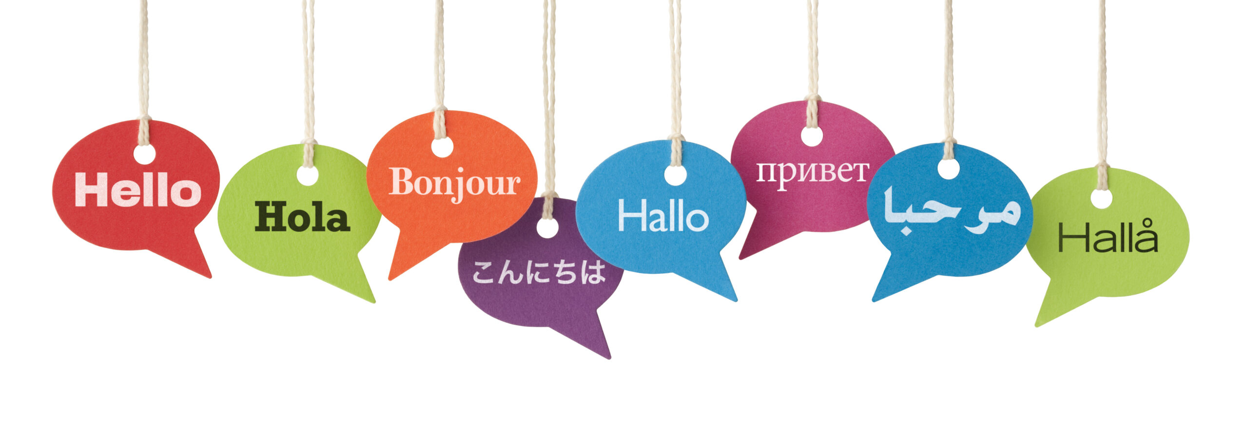 Speech bubbles contain the word HELLO in eight different languages. English, Spanish, French, Japanese, German, Russian, Arabic and Swedish. International business, translation services etc. Isolated on a pure white background, absolutely no dot in the white area – no need to cut-out.