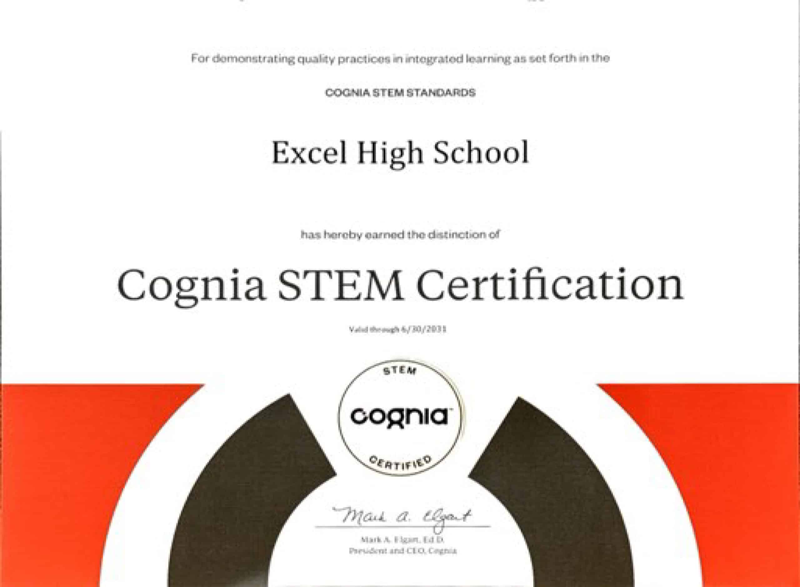 Excel High School's Cognia Accreditation Certificate valid through June 30, 2025.